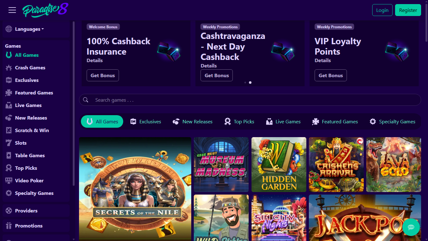 Paradise 8 homepage showing game categories, promotional panels and a game search field on 23 September 2026
